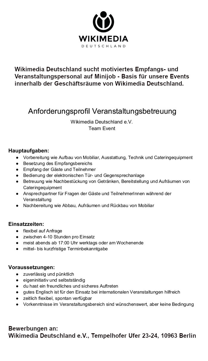 Stellenanzeige Veranstaltungsbetreuung Wikimedia